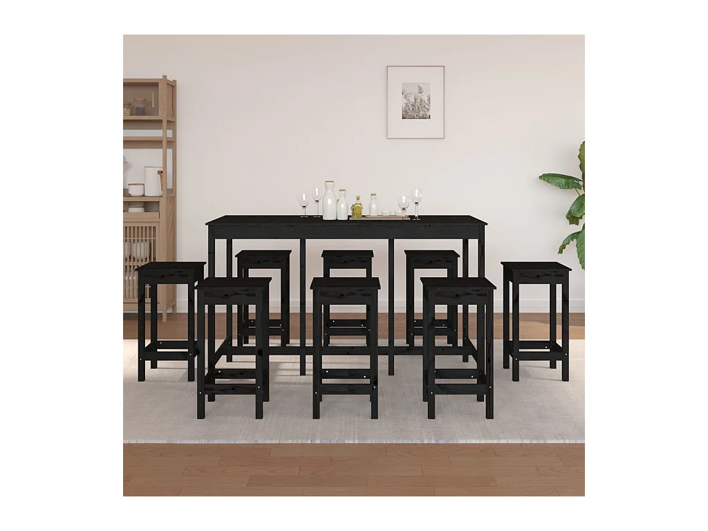 Ensemble de bar 9 pcs Noir Bois de pin massif