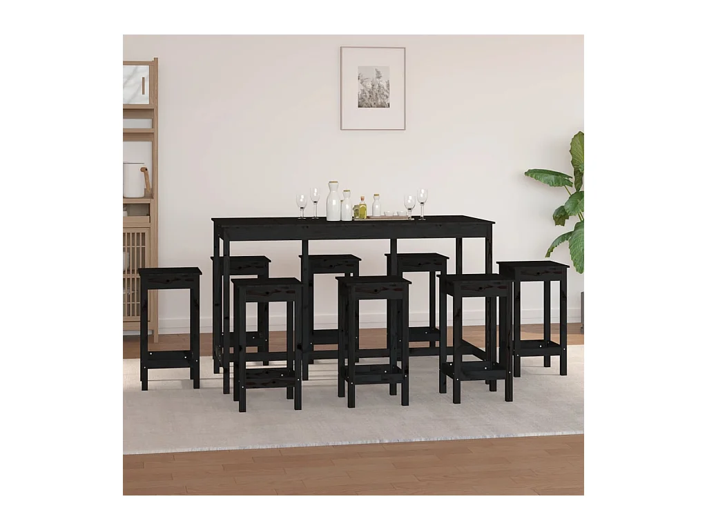 Ensemble de bar 9 pcs Noir Bois de pin massif