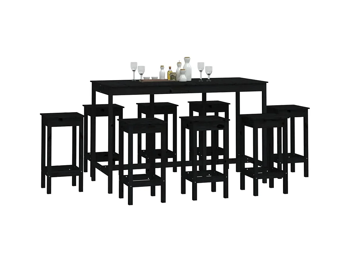Ensemble de bar 9 pcs Noir Bois de pin massif