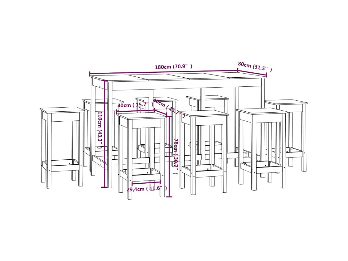 Ensemble de bar 9 pcs Noir Bois de pin massif