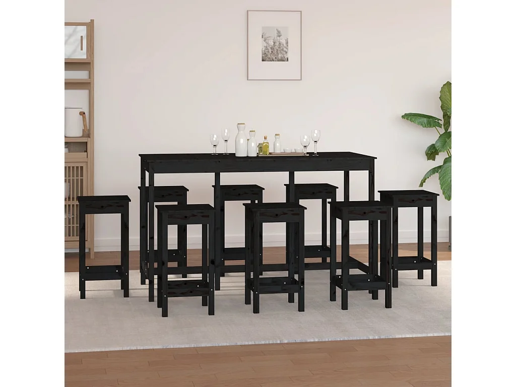 Ensemble de bar 9 pcs Noir Bois de pin massif