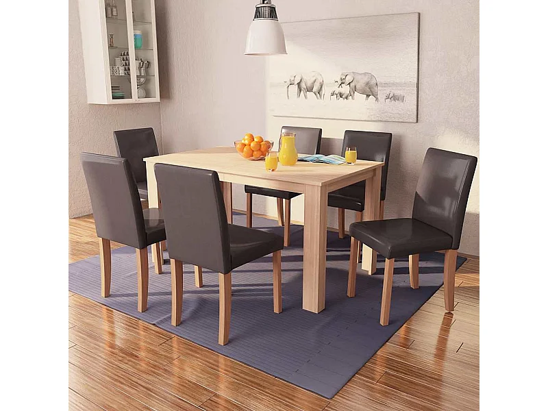 Table et chaises 7 pcs Cuir synthétique Chêne Marron