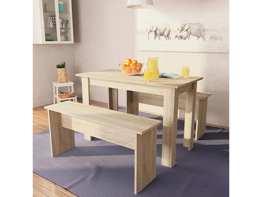 Table à manger et bancs 3 pcs Bois d'ingénierie Chêne