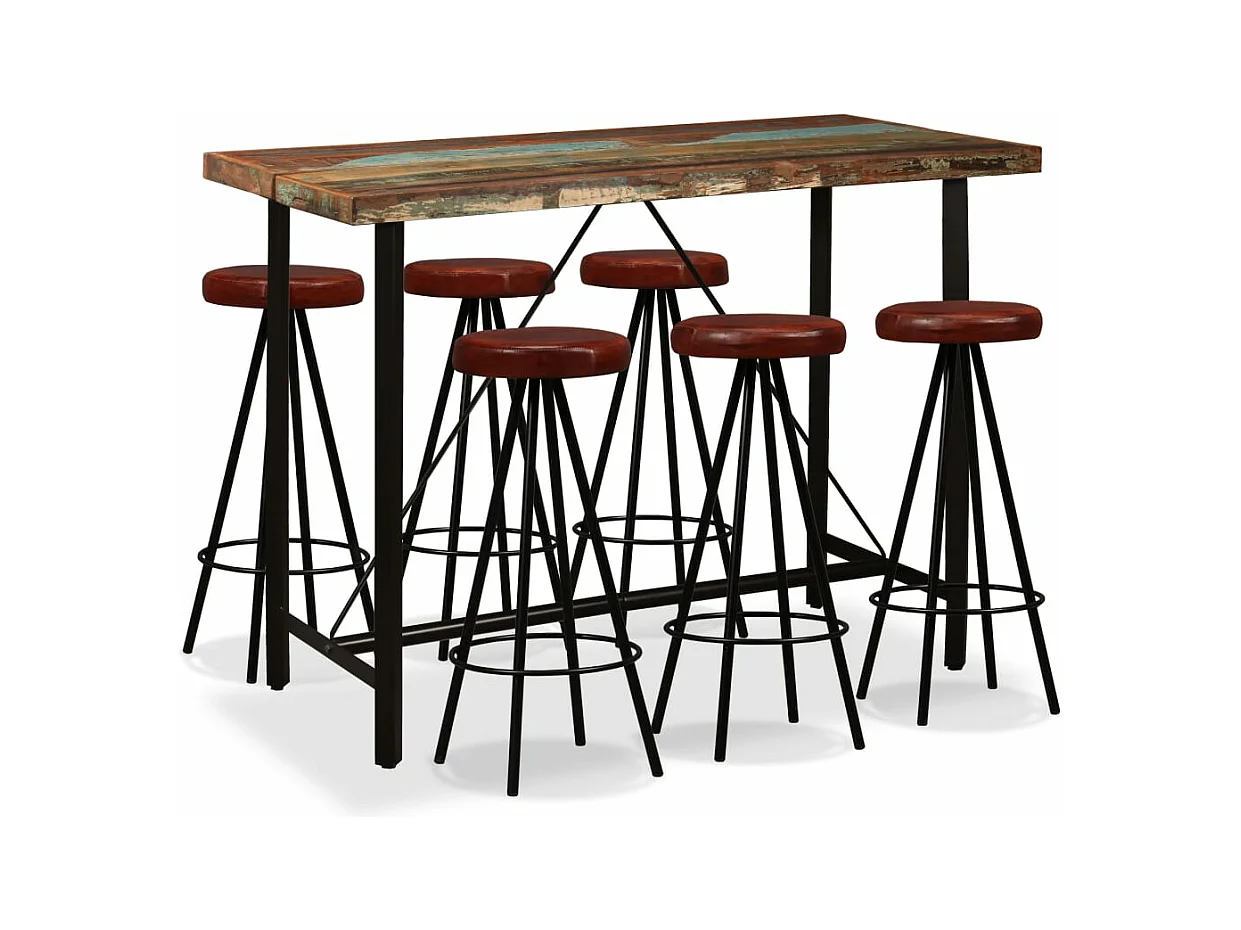 Ensemble de bar 7 pcs Bois massif recyclé et cuir véritable
