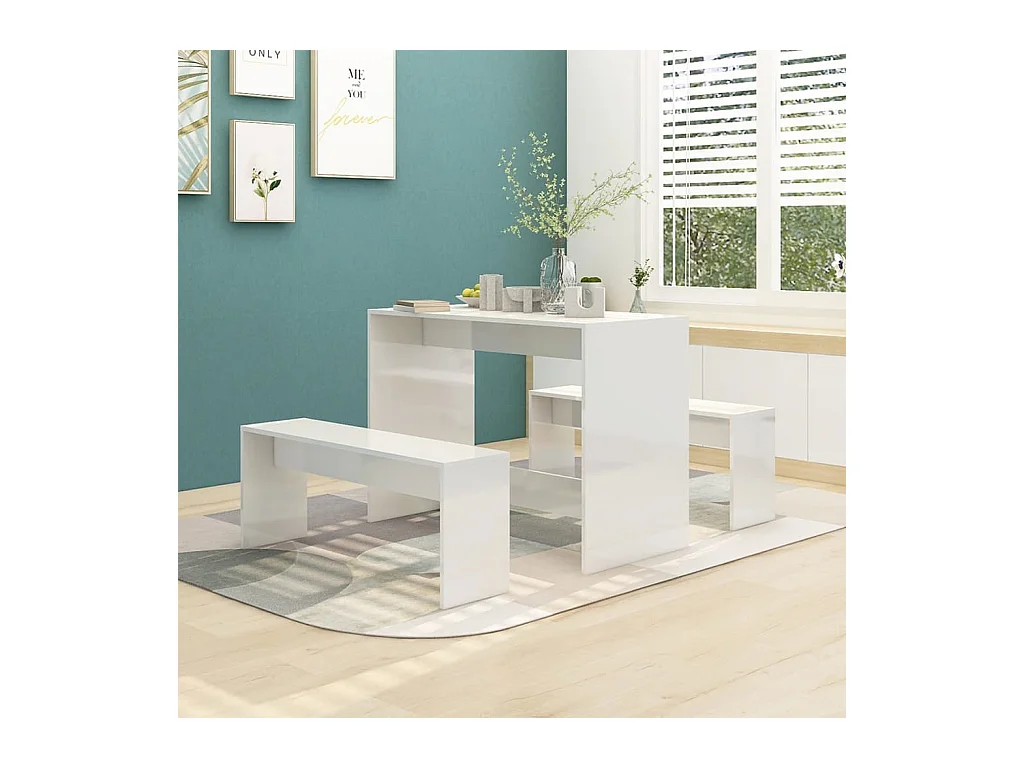 Juego de comedor 3 piezas madera contrachapada blanco brillante