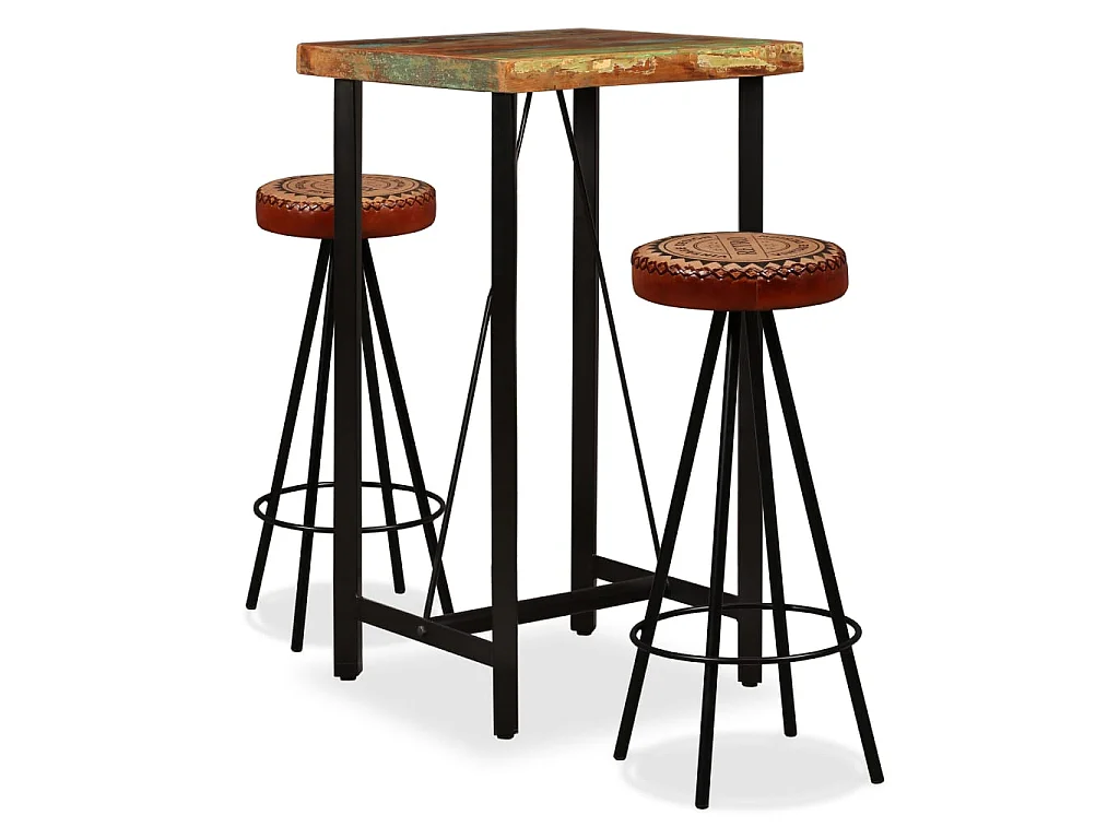 Set da Bar 3 pz Legno Massello di Recupero Vera Pelle e Tessuto