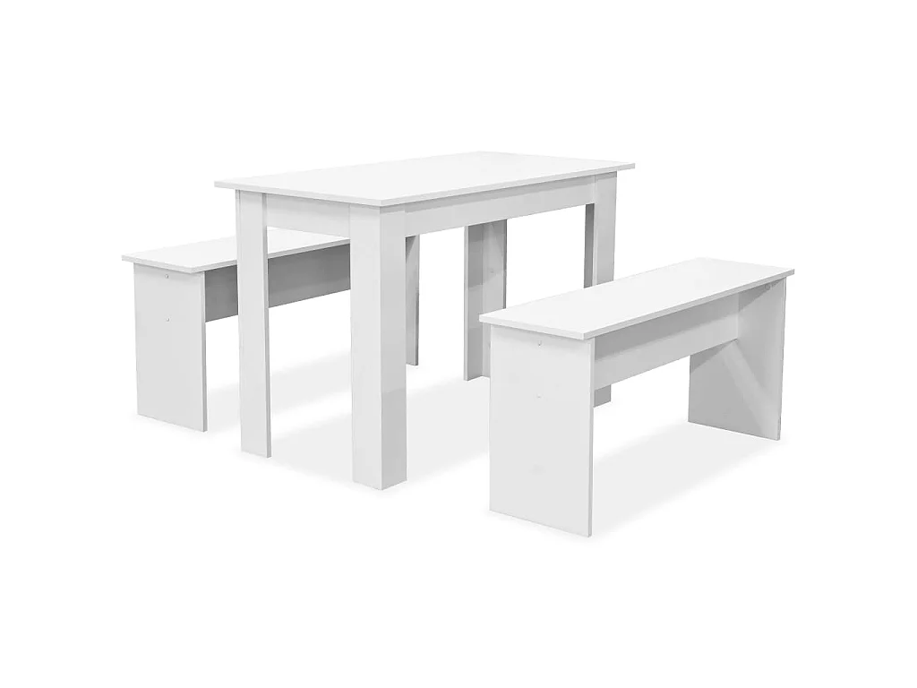 Eettafel en banken 3 st bewerkt hout wit