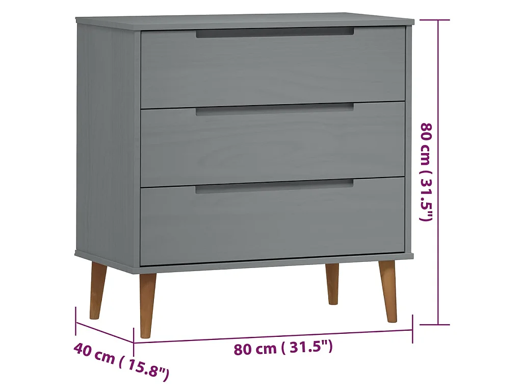 Cassettiera MOLDE Grigia 80x40x80 cm in Legno Massello di Pino