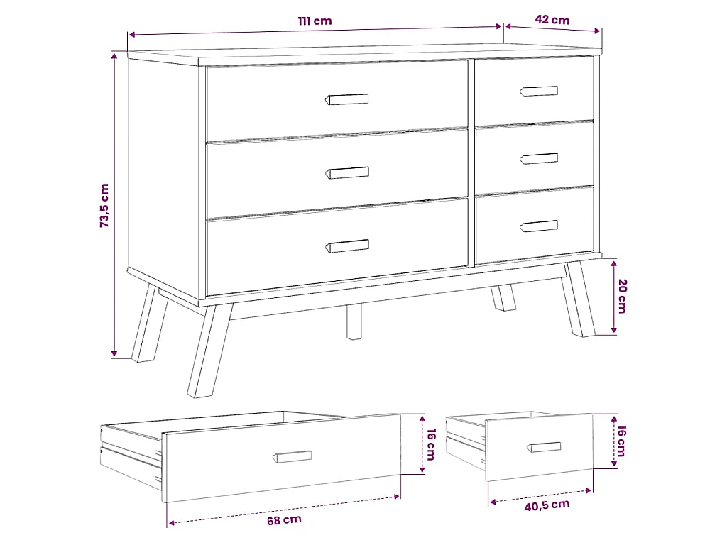 Schubladenschrank OLDEN Braun Massivholz Kiefer