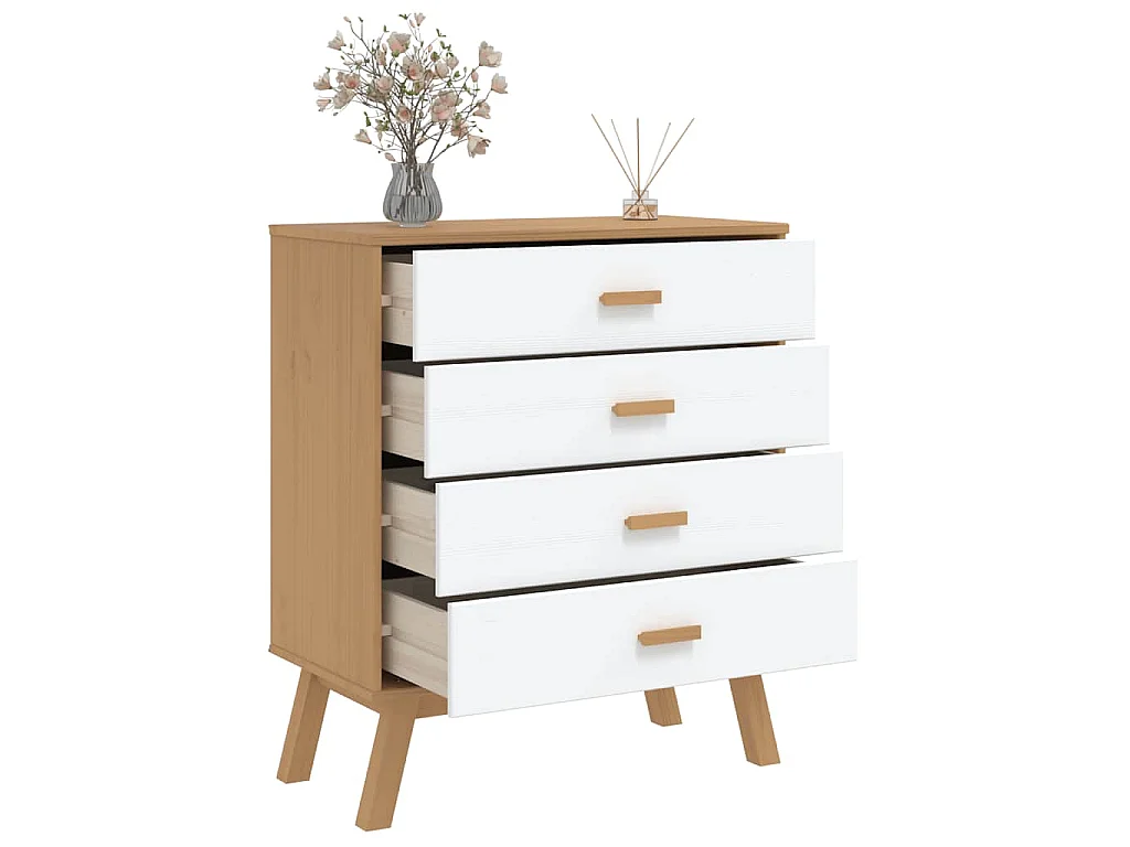 Mesita de noche OLDEN madera maciza de pino blanco y marrón