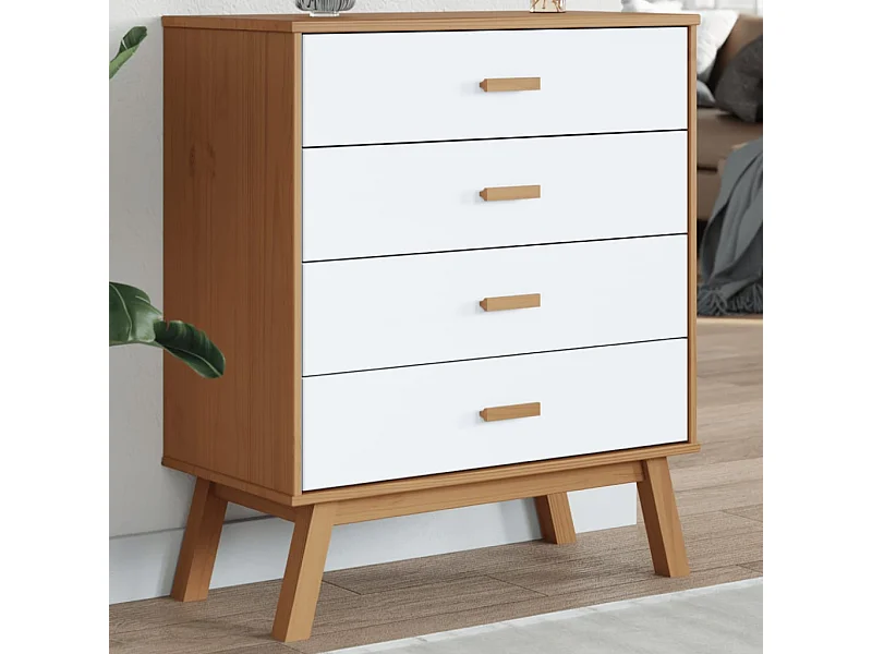 Armoire à tiroirs OLDEN blanc et marron bois de pin solide