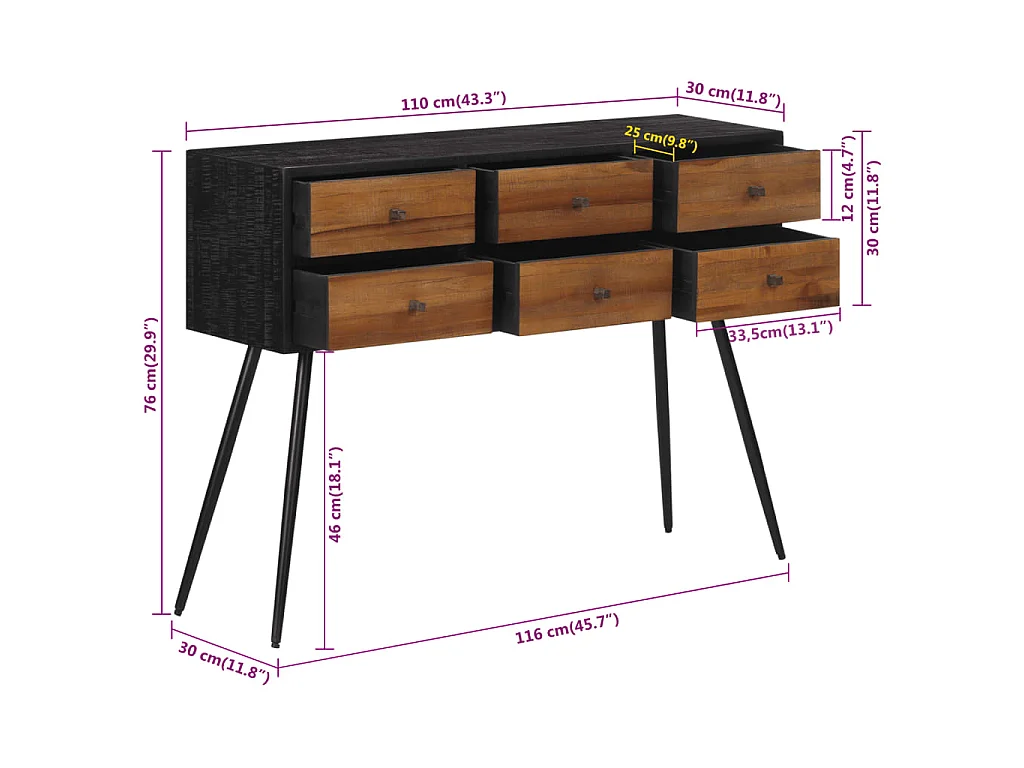 Konsolentisch mit Schubladen Recyceltes Massivholz Teak