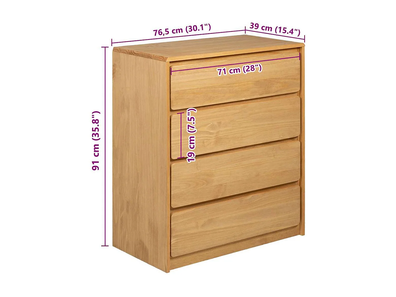 Cómoda SAUDA 76,5x39x91 cm madeira de pinho maciça cor carvalho