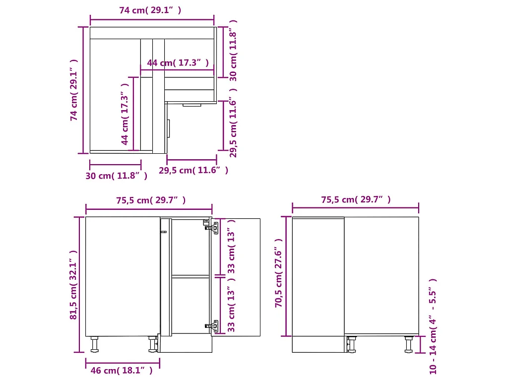 Armoire d'angle basse "Lyon" Gris béton 75,5 x 75,5 x 81,5 cm Bois d'ingénierie