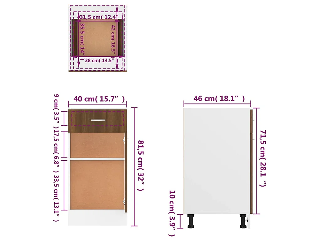 Unterschrank mit Schublade Lyon Braun Eichen-Optik 40x46x81,5 cm