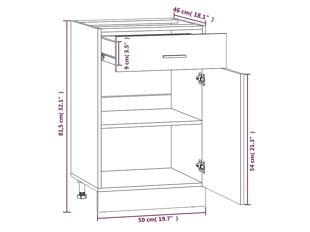 Onderkast met lade Lyon 50x46x81,5 cm bewerkt hout gerookt eiken