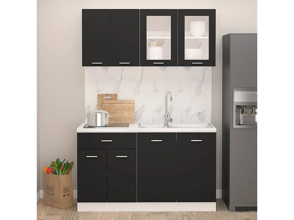 Conjunto de armarios de cocina de 4 piezas "Lyon" de madera de ingeniería negra