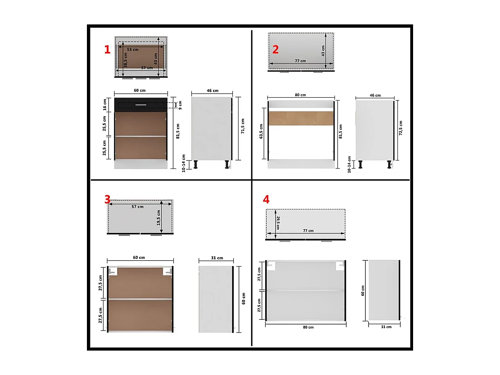 Conjunto de armarios de cocina de 4 piezas "Lyon" de madera de ingeniería negra