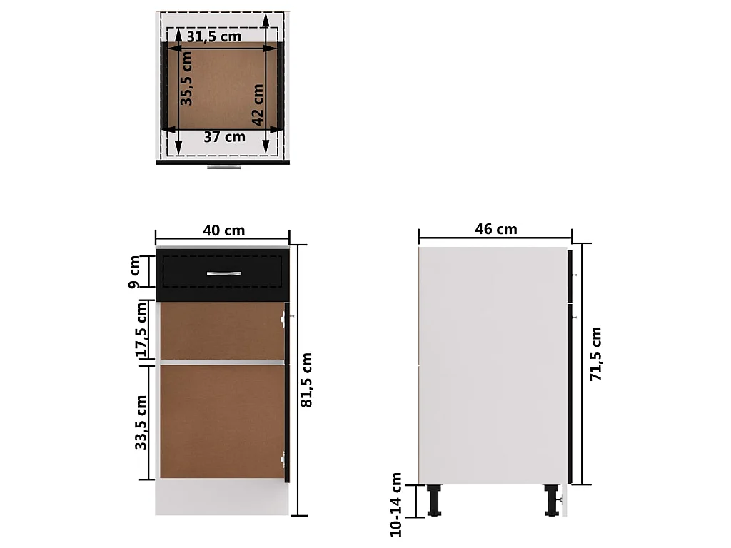 Cajón inferior "Lyon" negro, 40 x 46 x 81,5 cm, madera de ingeniería
