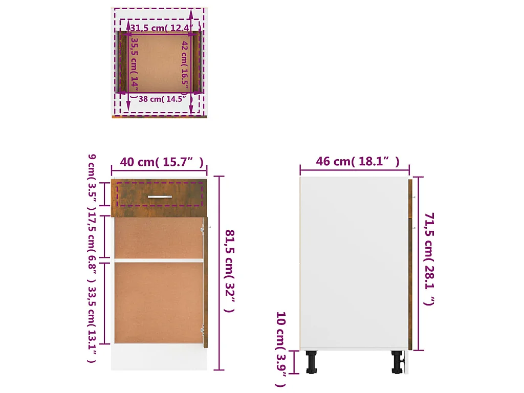 Unterschrank mit Schublade Lyon Räuchereiche 40x46x81,5 cm