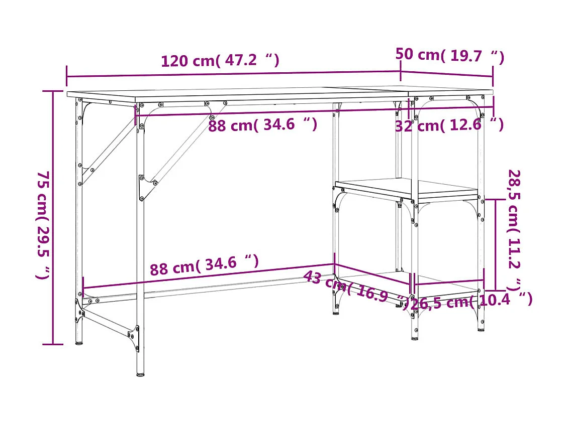 Bureau chêne fumé 120x50x75 cm métal et bois d'ingénierie
