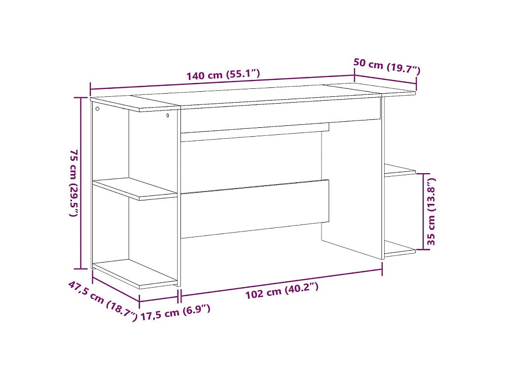 Bureau sonoma gris 140x50x75 cm bois d'ingénierie