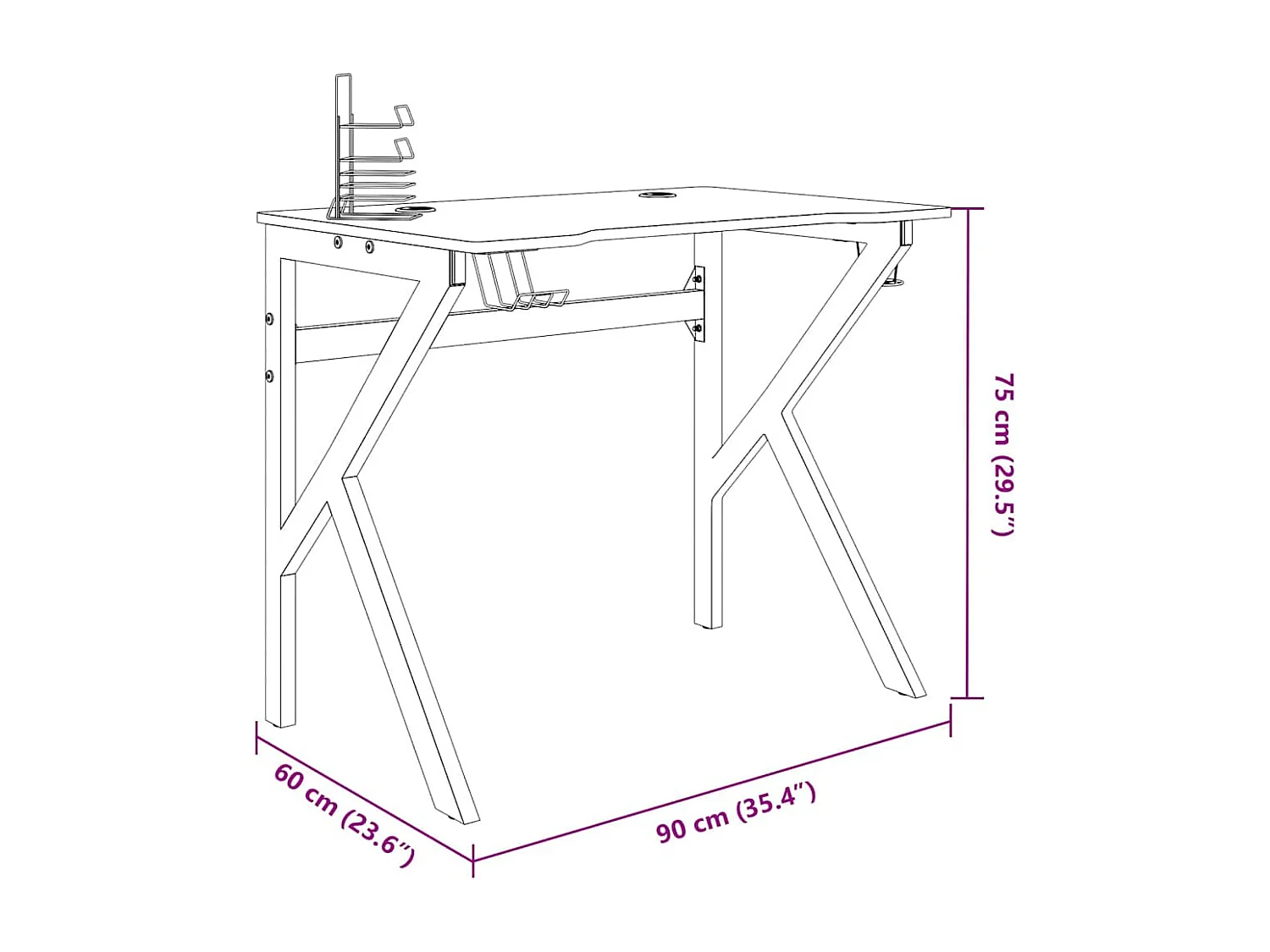 Bureau de jeu avec pieds en forme de K Noir 90x60x75 cm
