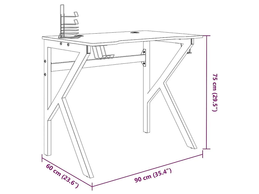 Bureau de jeu avec pieds en forme de K Noir 90x60x75 cm