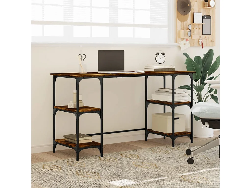 Bureau chêne fumé 140x50x75 cm métal et bois d'ingénierie