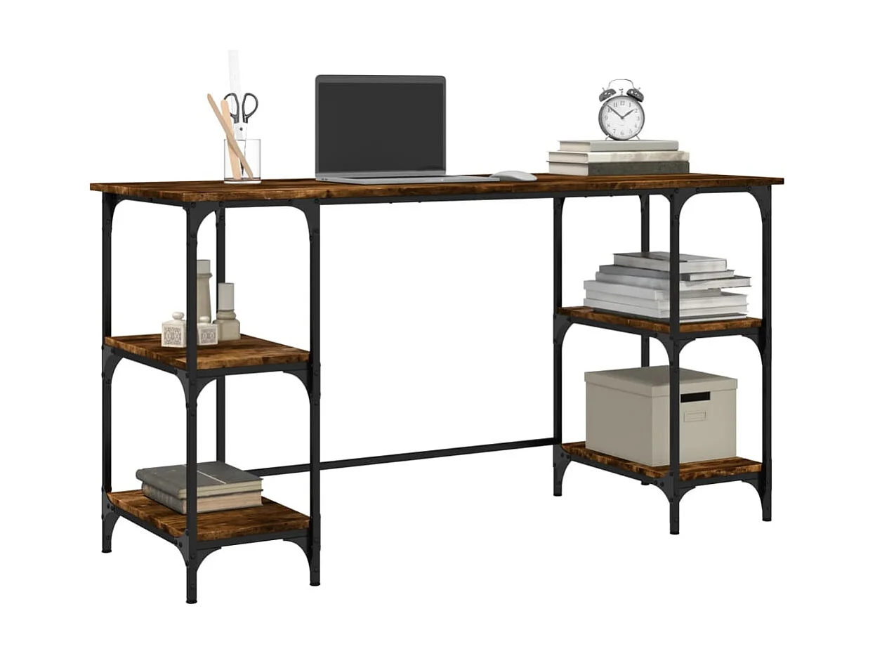 Bureau chêne fumé 140x50x75 cm métal et bois d'ingénierie