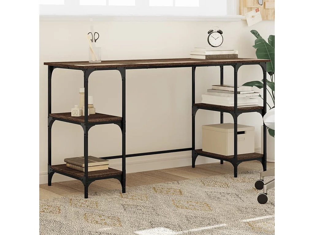 Bureau chêne marron 140x50x75 cm métal et bois d'ingénierie