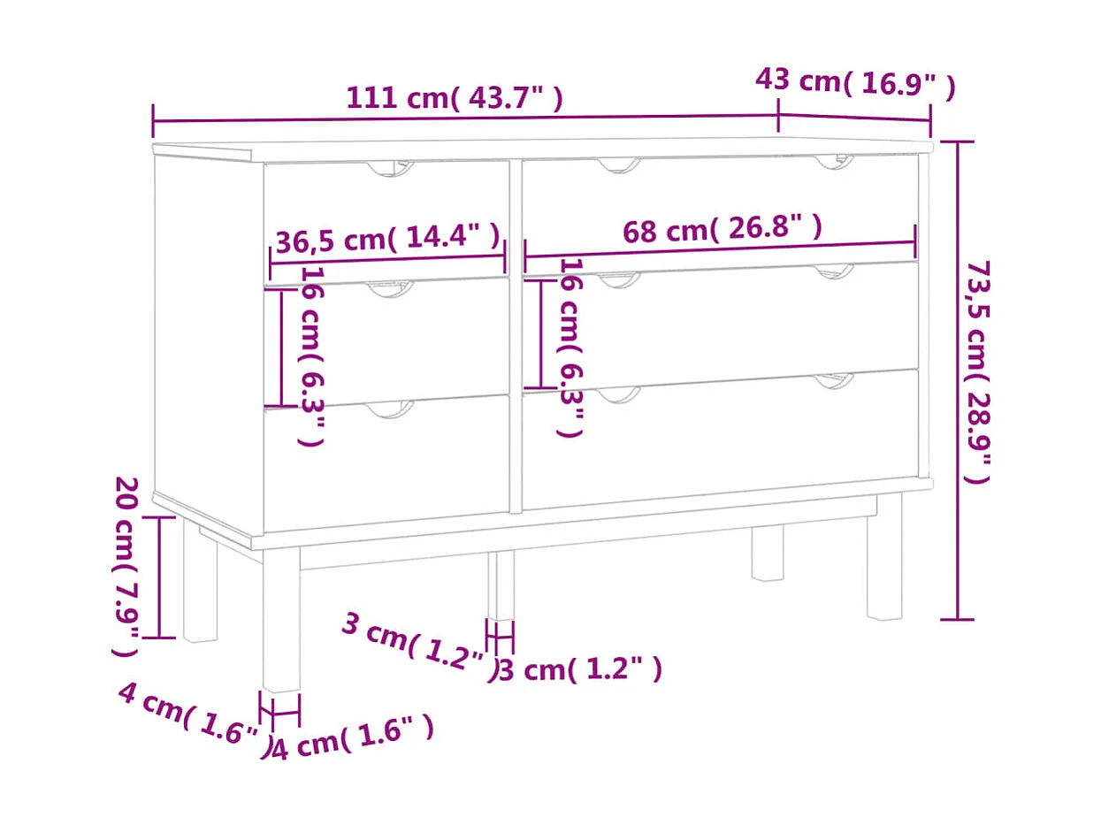 Ladekast OTTA 111x43x73,5 cm massief grenenhout bruin en wit