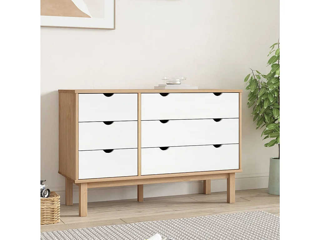 Armário de gavetas OTTA pinho maciço castanho/branco