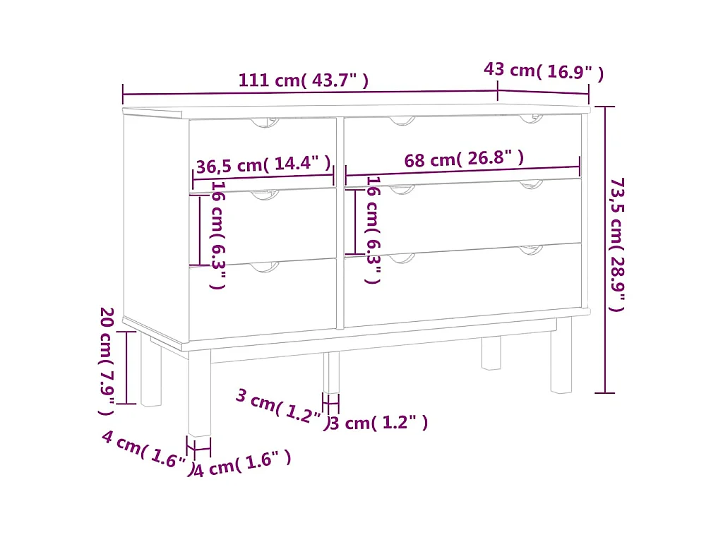 Schubladenschrank OTTA Braun & Weiß 111x43x73,5 cm Massivholz