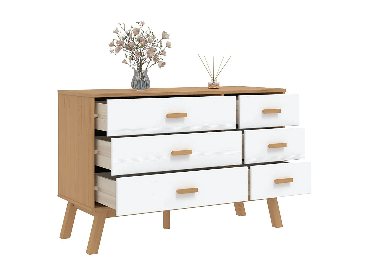 Armoire à tiroirs OLDEN blanc et marron bois de pin solide