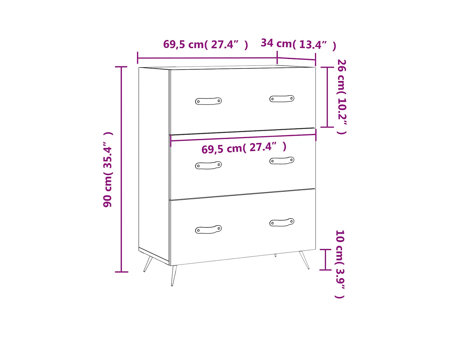 Commode blanc 69,5 x 34 x 90 cm bois d'ingénierie