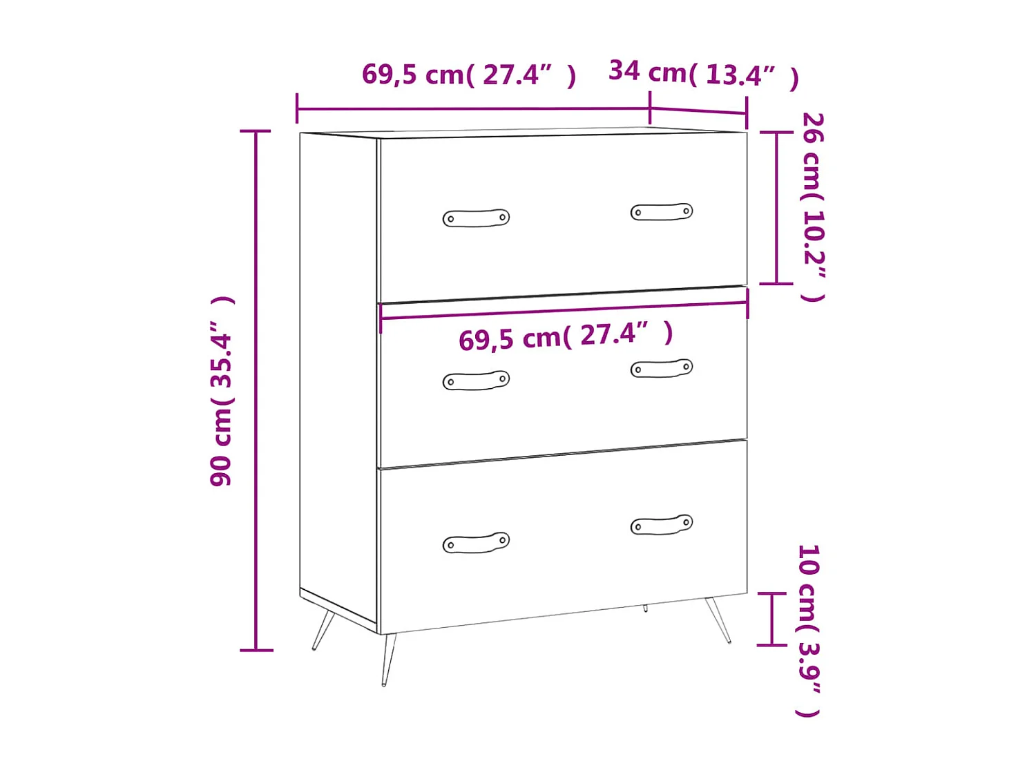 Commode blanc 69,5 x 34 x 90 cm bois d'ingénierie
