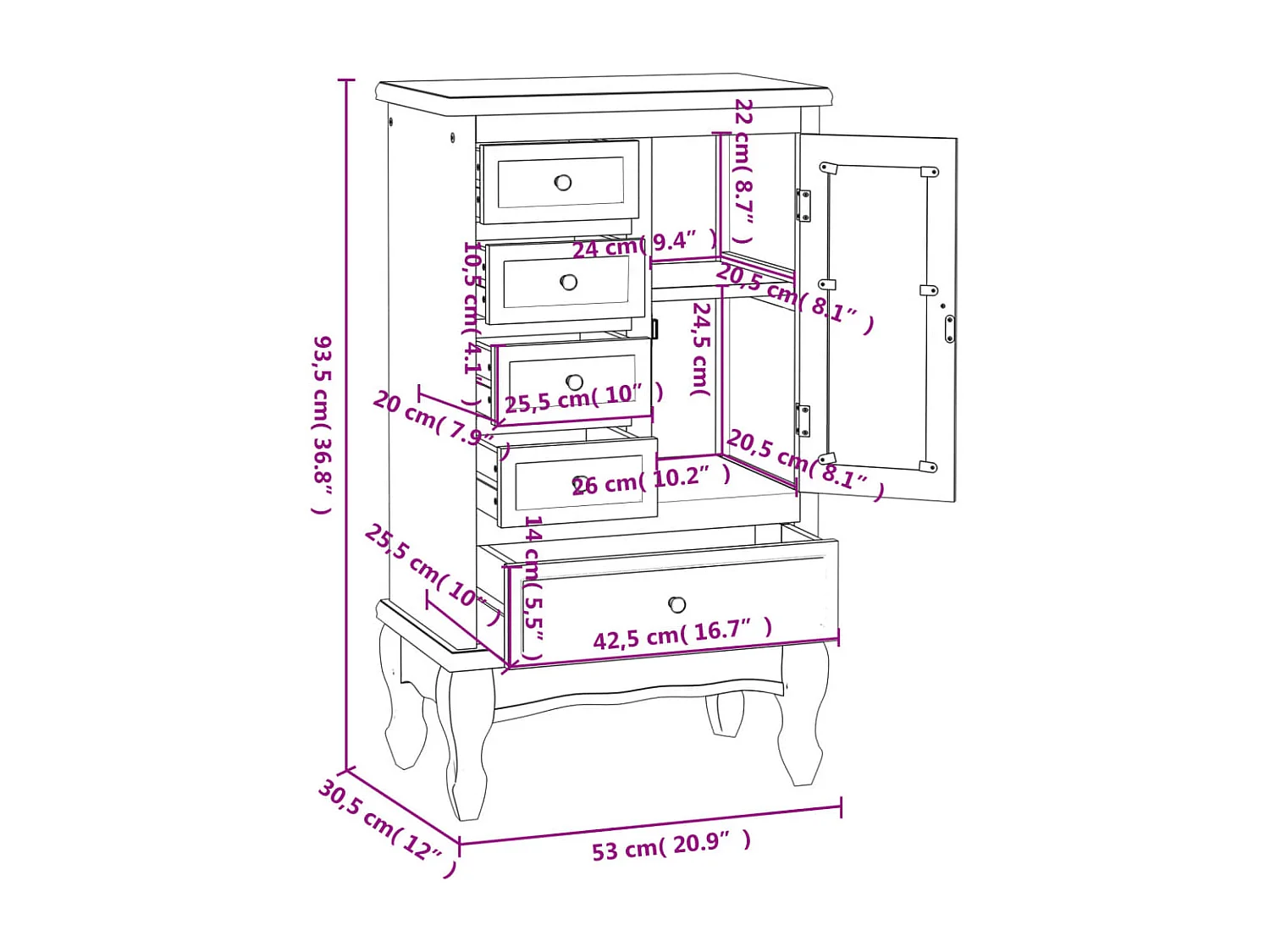 Armoire avec 5 tiroirs et 2 étagères Blanc