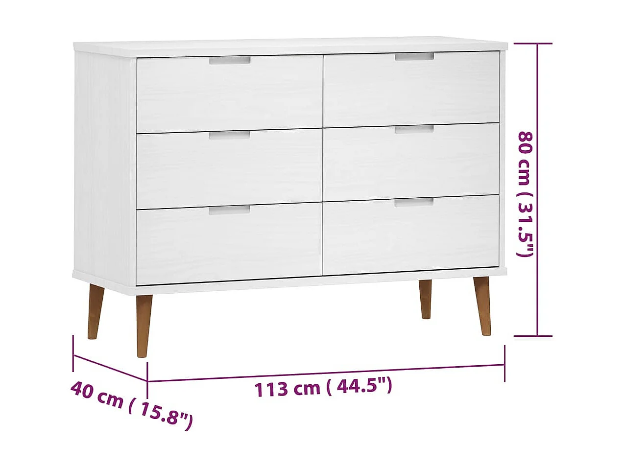 Schubladenschrank MOLDE Weiß 113x40x80 cm Massivholz Kiefer