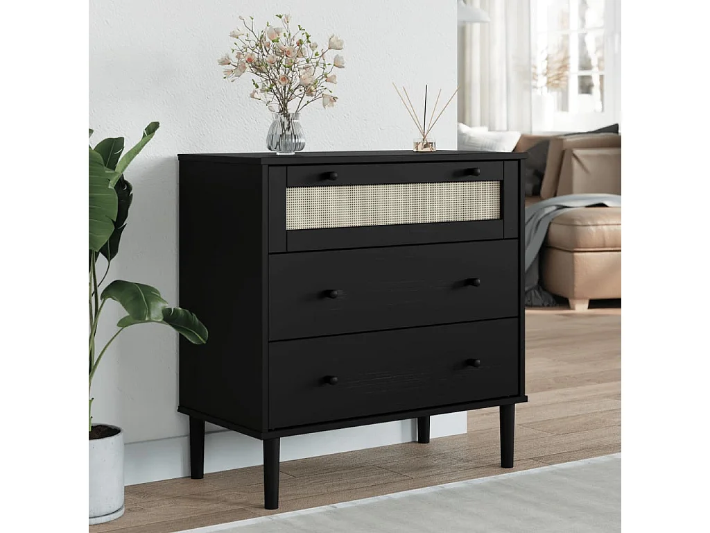 Schubladenkommode SENJA Rattan-Look Schwarz 80x40x80 Kieferholz