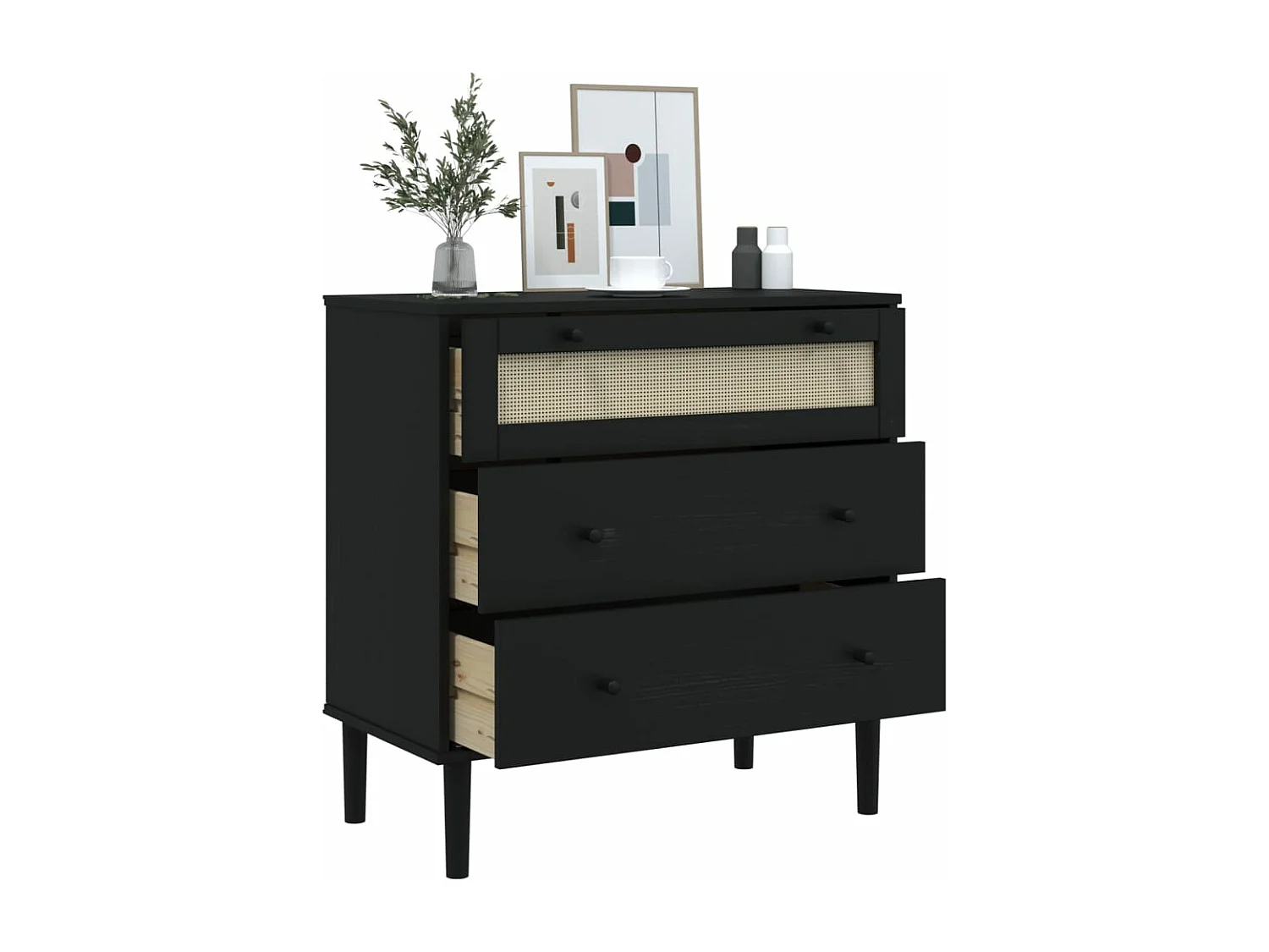 Schubladenkommode SENJA Rattan-Look Schwarz 80x40x80 Kieferholz