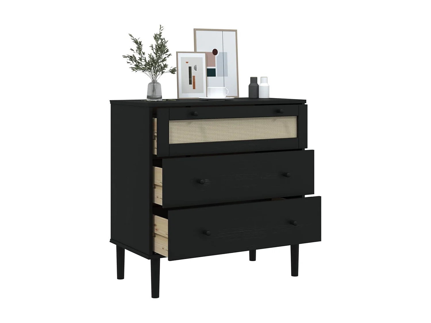 Ladekast SENJA rattan-look 80x40x80 cm massief grenenhout zwart