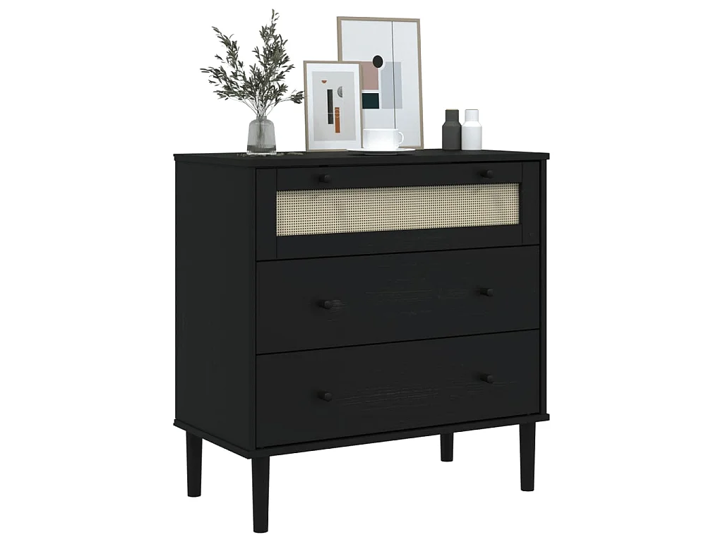 Cassettiera SENJA Aspetto Rattan Nera 80x40x80 cm in Legno Pino