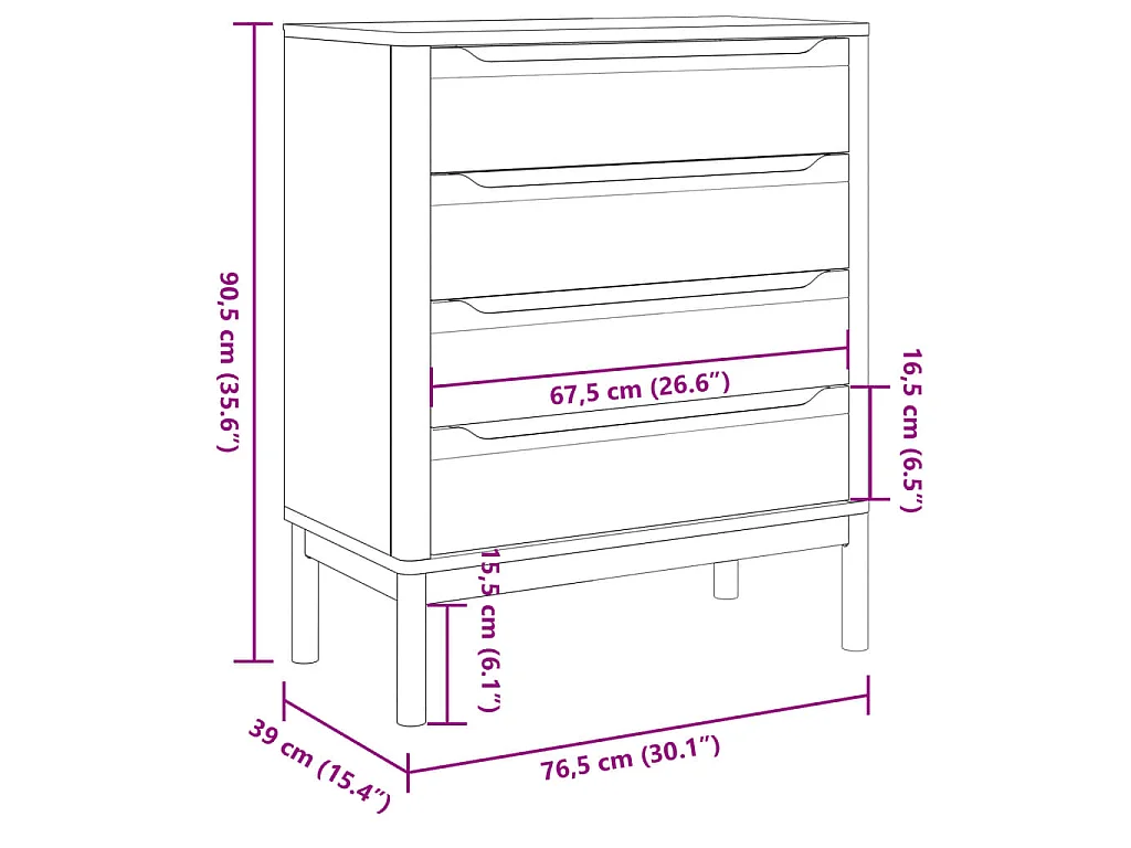 Cómoda cajonera FLORO madera maciza de pino blanco