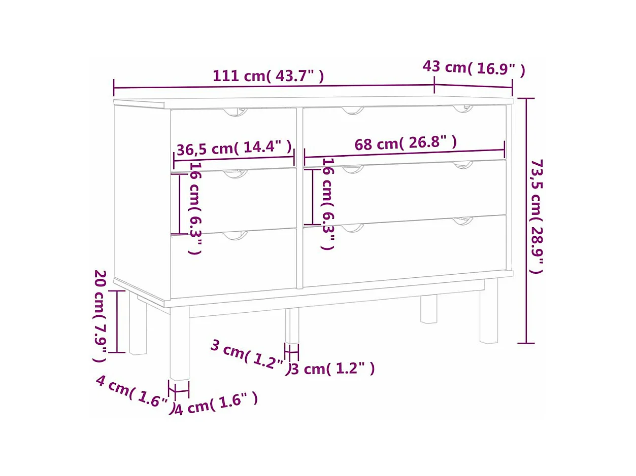 Cassettiera OTTA 111x43x73,5 cm cm in Legno Massello di Pino
