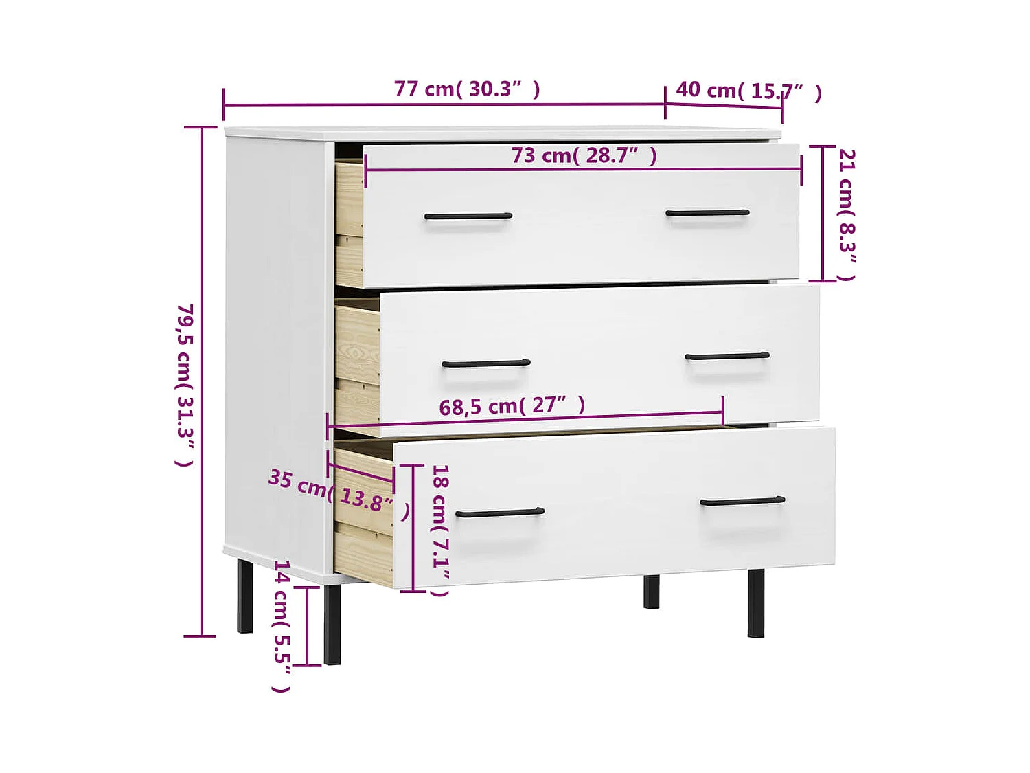 Buffet avec 3 tiroirs Blanc 77x40x79,5 cm Bois massif OSLO