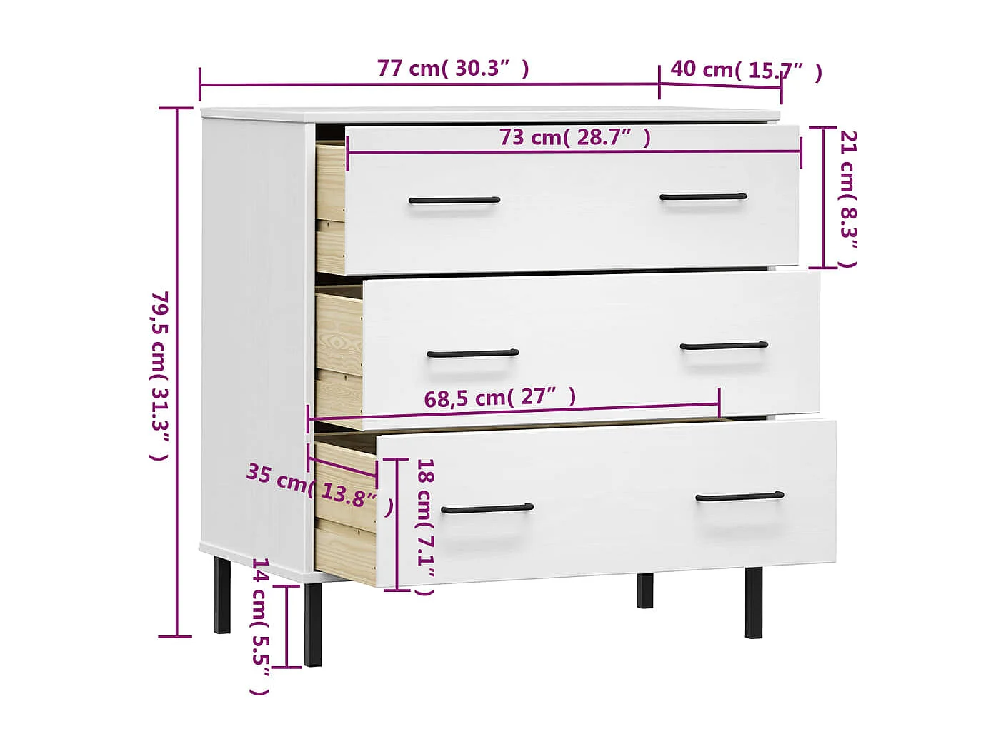 Buffet avec 3 tiroirs Blanc 77x40x79,5 cm Bois massif OSLO