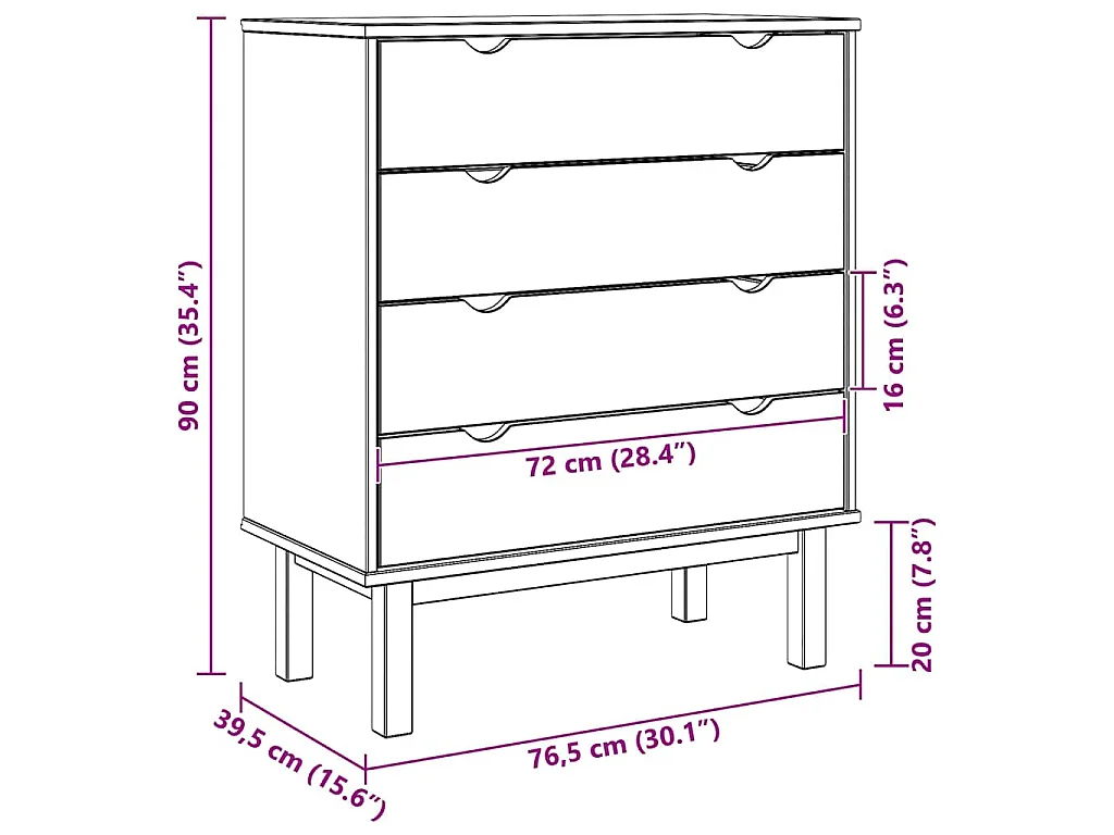 Armário de gavetas OTTA pinho maciço castanho/branco
