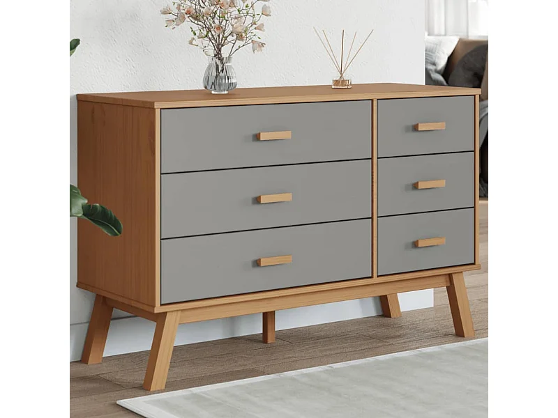 Schubladenschrank OLDEN Grau und Braun Massivholz Kiefer