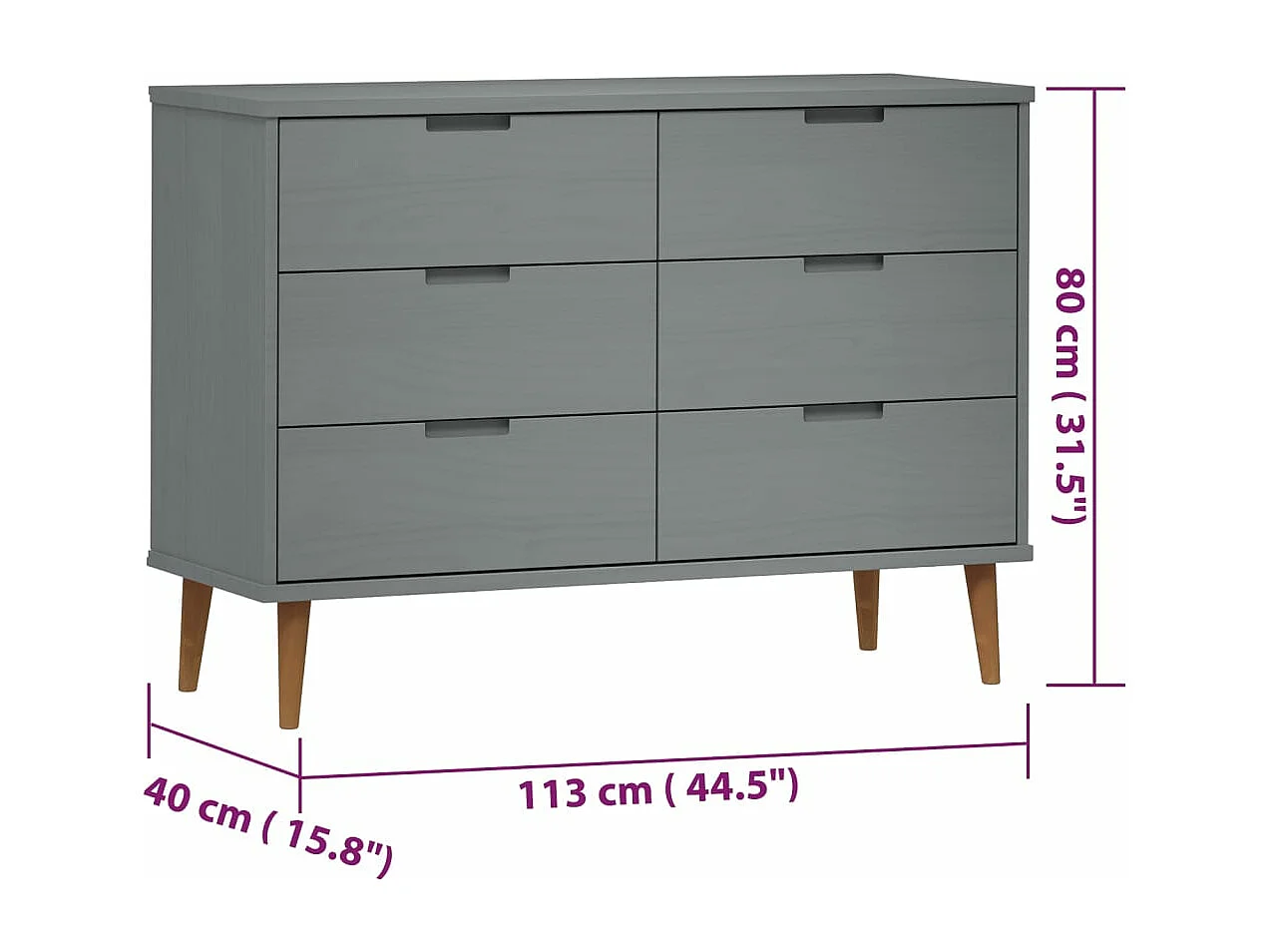 Schubladenschrank MOLDE Grau 113x40x80 cm Massivholz Kiefer
